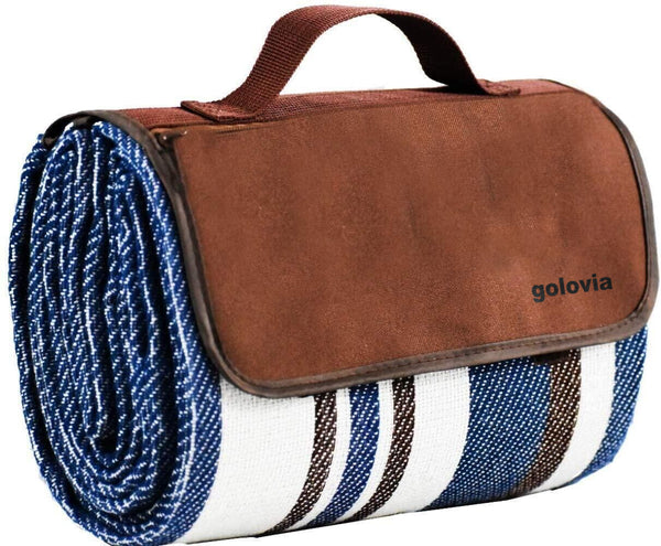 golovia Extra Large Picnic & Outdoor Blanket Dual Layers for Outdoor Water-Resistant Handy Mat Tote Spring Summer Blue and White Striped Great for The Beach, Camping on Grass Waterproof Sandproof (60 X 79)